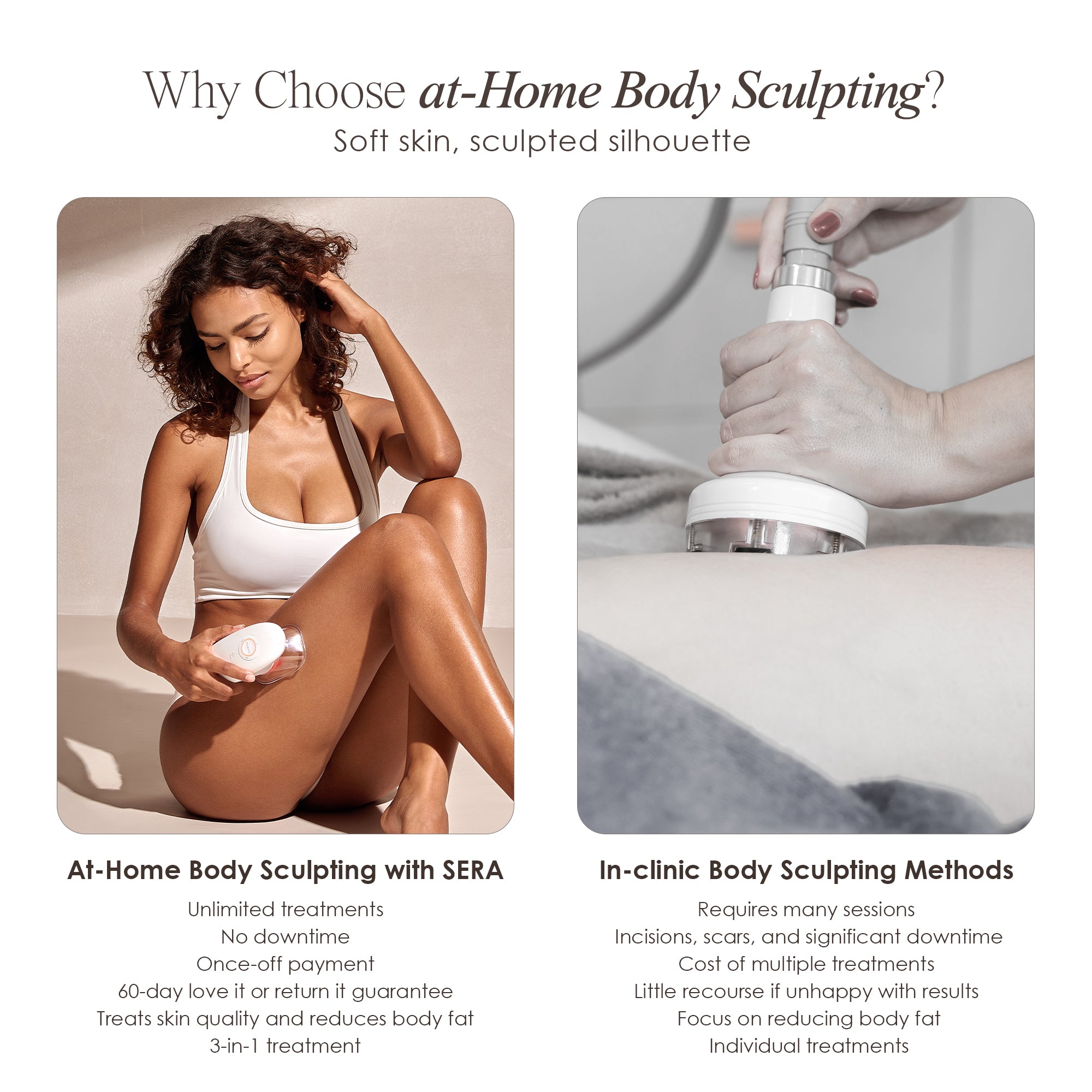 Sera vacuum body contour device showing comparison between at-home body sculpting with Sera and in-clinic body sculpting methods